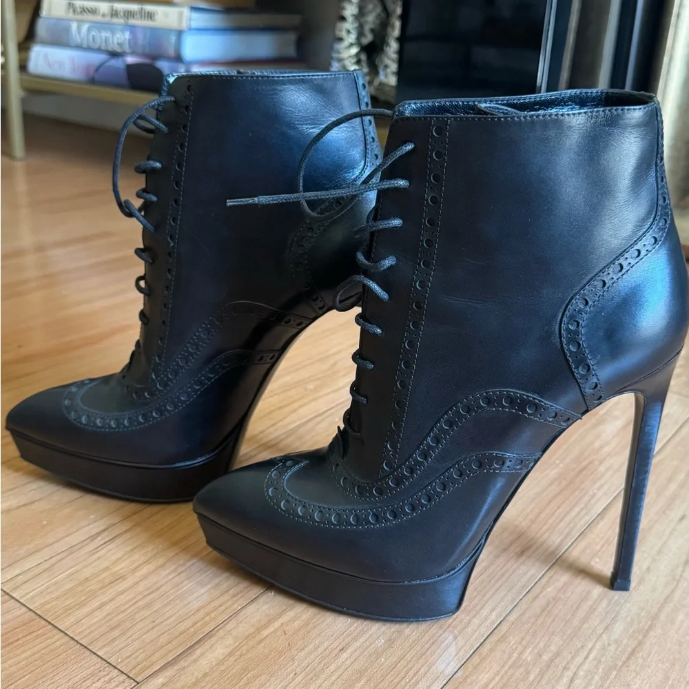 Saint Laurent Black Lace-Up Pointed Toe Platform Stiletto Booties - Picture 2 of 6